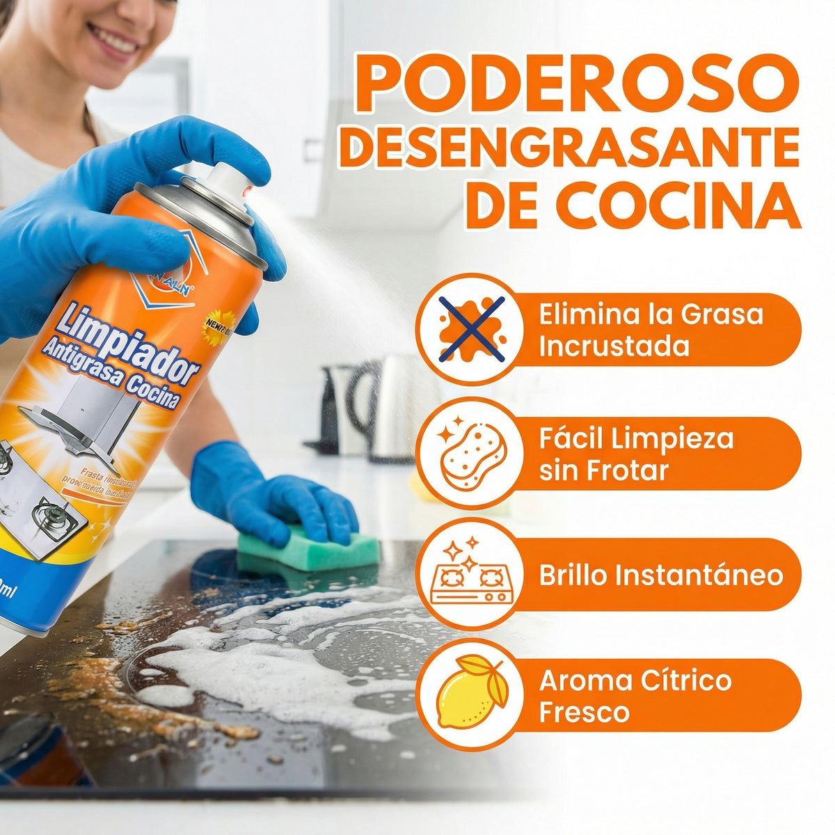 Espuma antigrasa limpiando la cocina