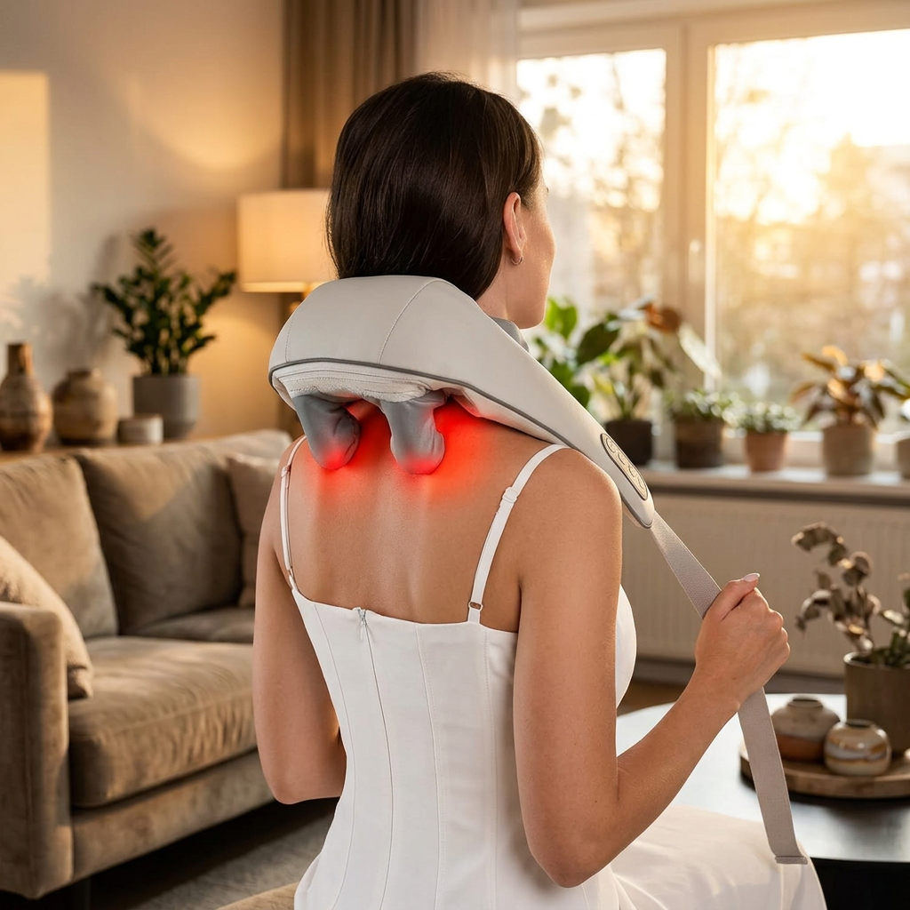 Mujer usando el masajeador de cuello en su living