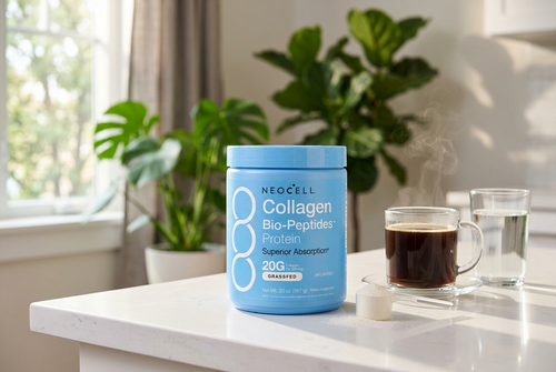 Colágeno Neocell en la cocina junto a un café