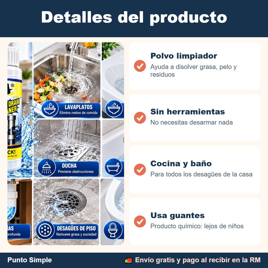 Detalles del polvo destapa cañerías