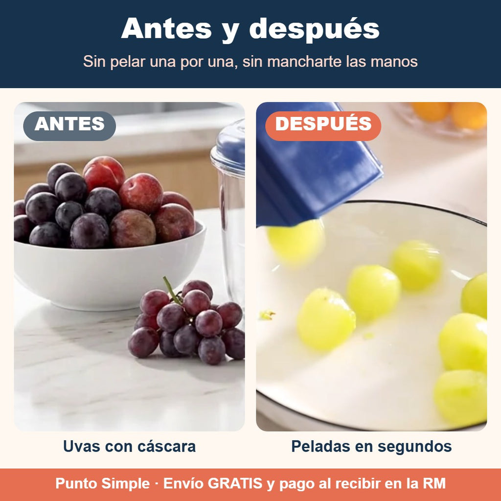 Antes y después: uvas peladas con la peladora eléctrica